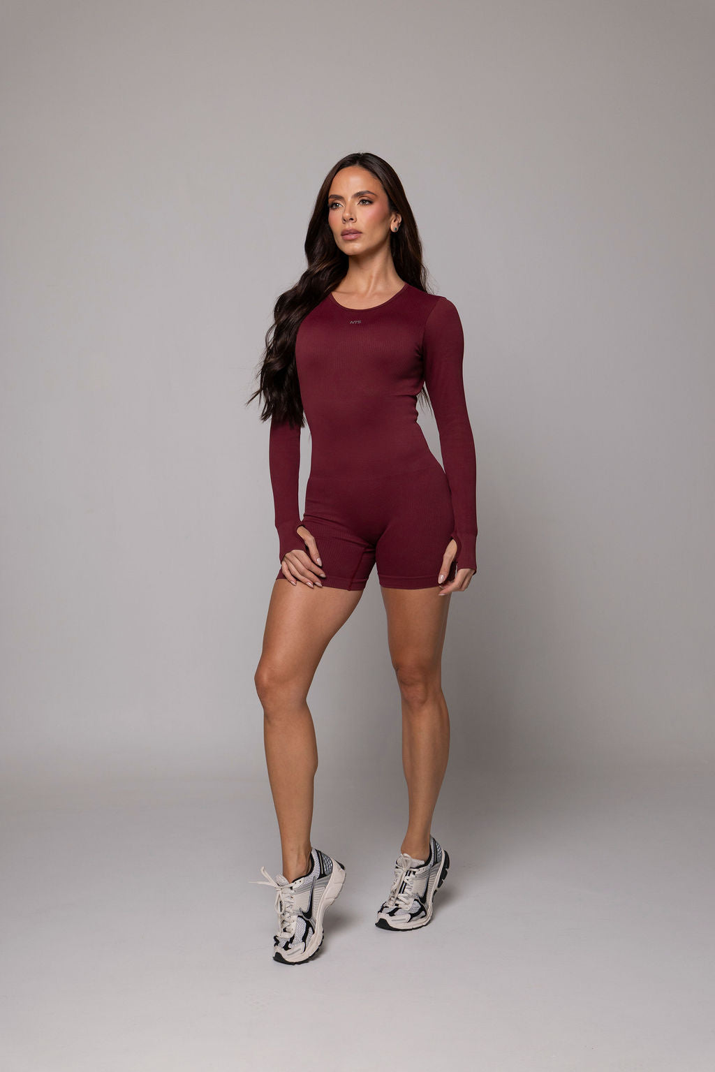 LONG RIBBED RUMPER PUSH UP BURGUNDY